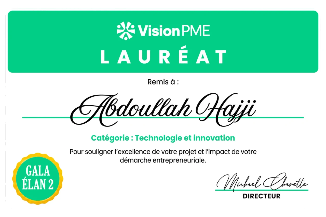 Certificat de lauréat VisionPME remis à Abdoullah Hajji, catégorie Technologie et innovation, Gala Élan 2, signé par le directeur Michael Charette.